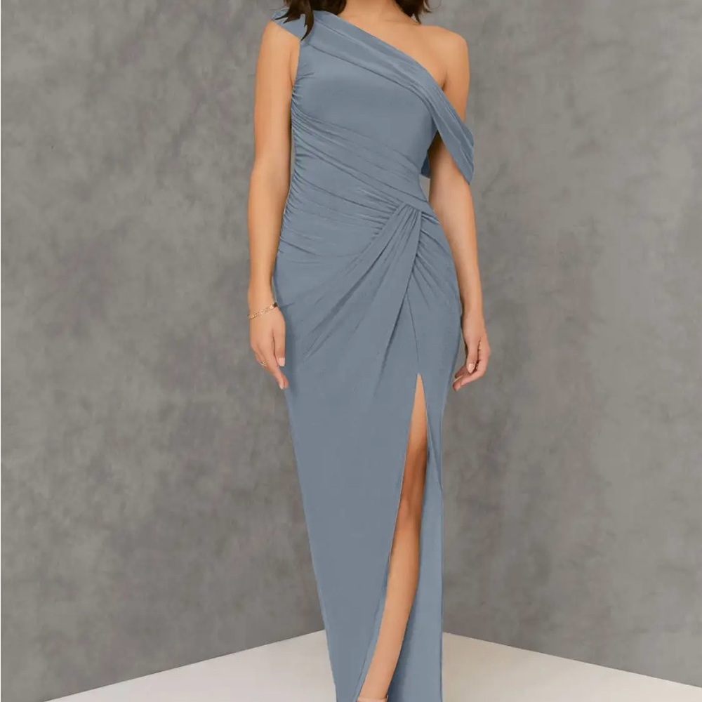 AZAZIE RORIE Stretch Dusty Blue Sheath One Shoulder Luxe Knit Dress